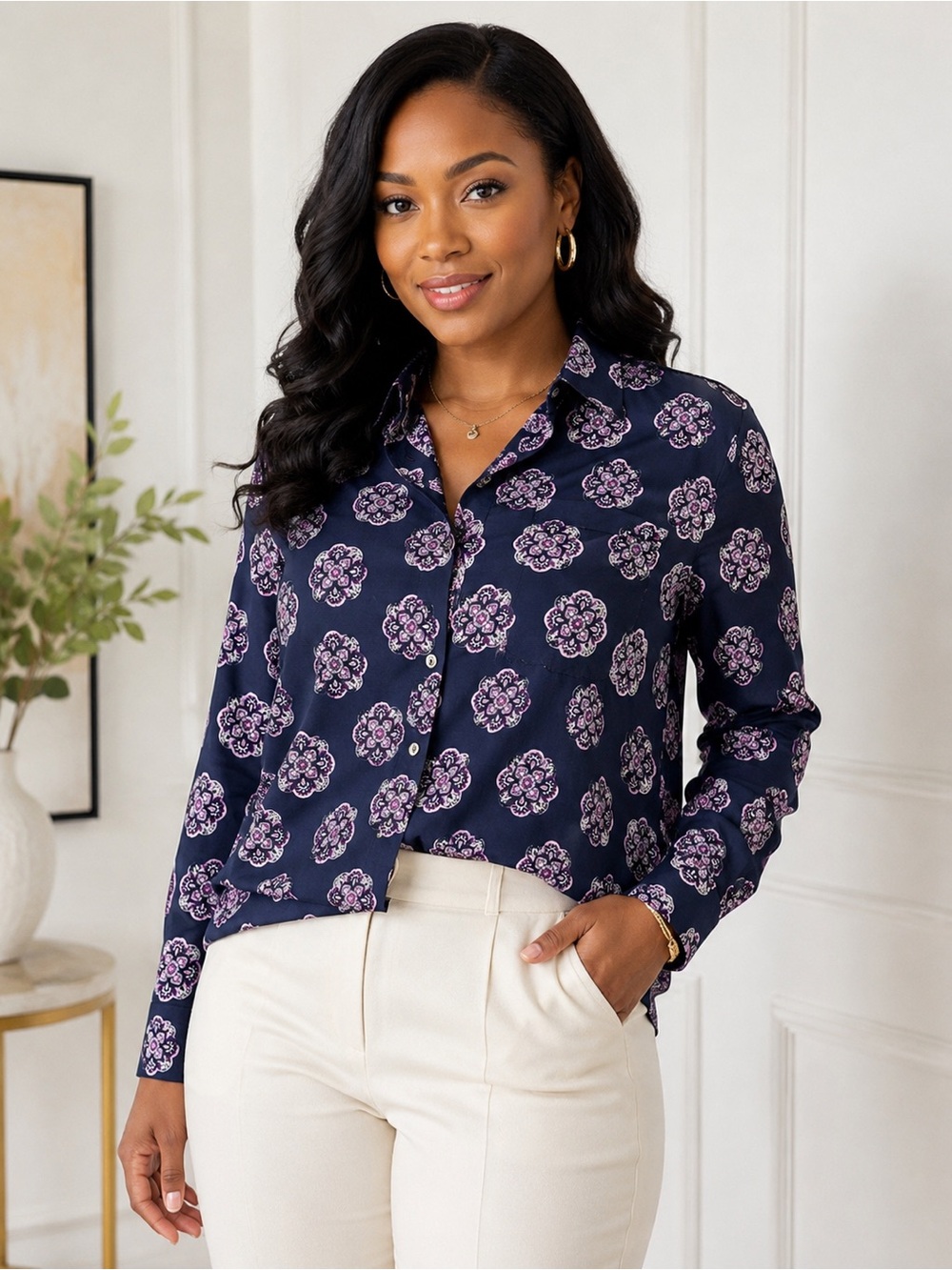 Hatley Boutique Silk Blend Button Down Blouse‎ Small Navy Purple Medallion Print
